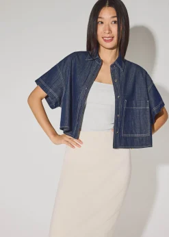Denim Contrast Stitch Boxy Button Down Shirt