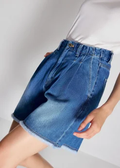 Denim Frayed Hem High Waist Bermuda Shorts