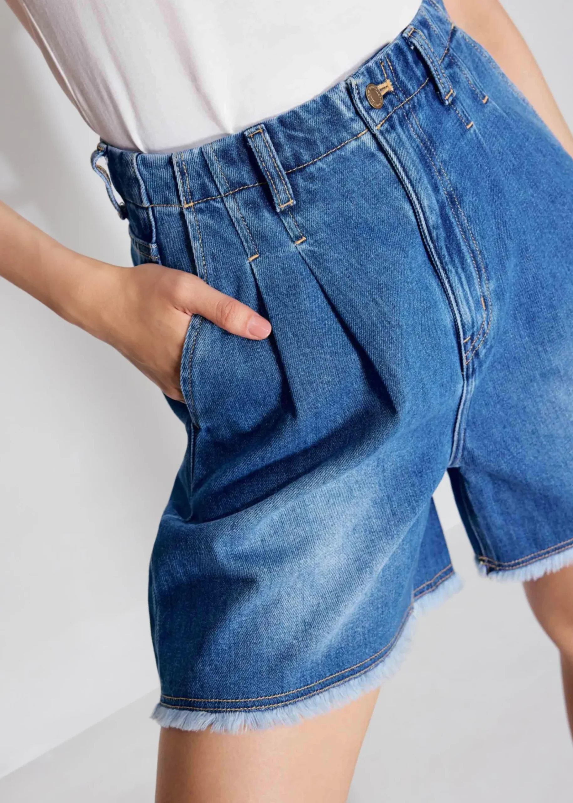 Denim Frayed Hem High Waist Bermuda Shorts