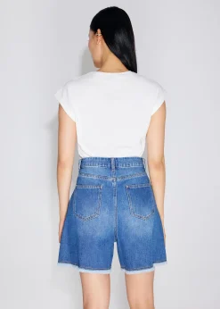 Denim Frayed Hem High Waist Bermuda Shorts