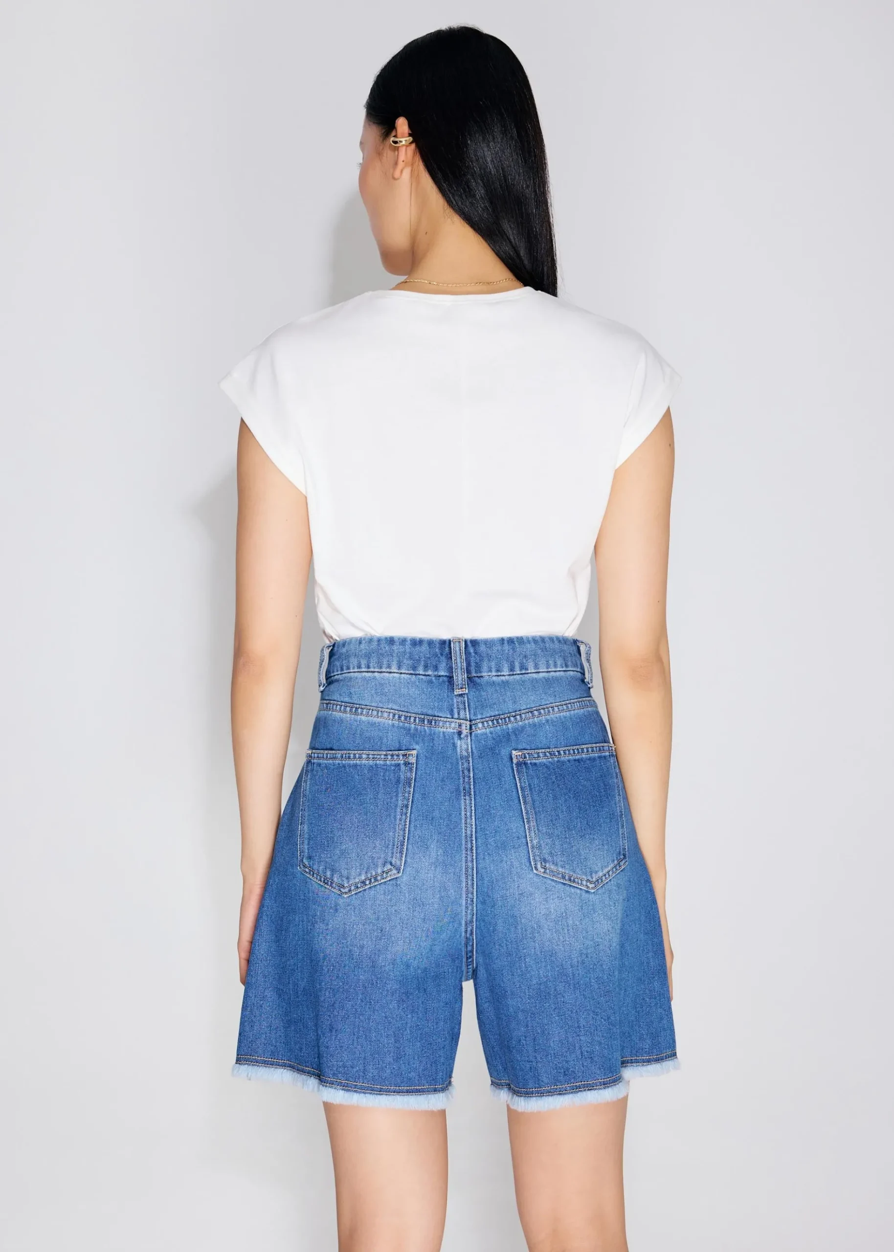 Denim Frayed Hem High Waist Bermuda Shorts
