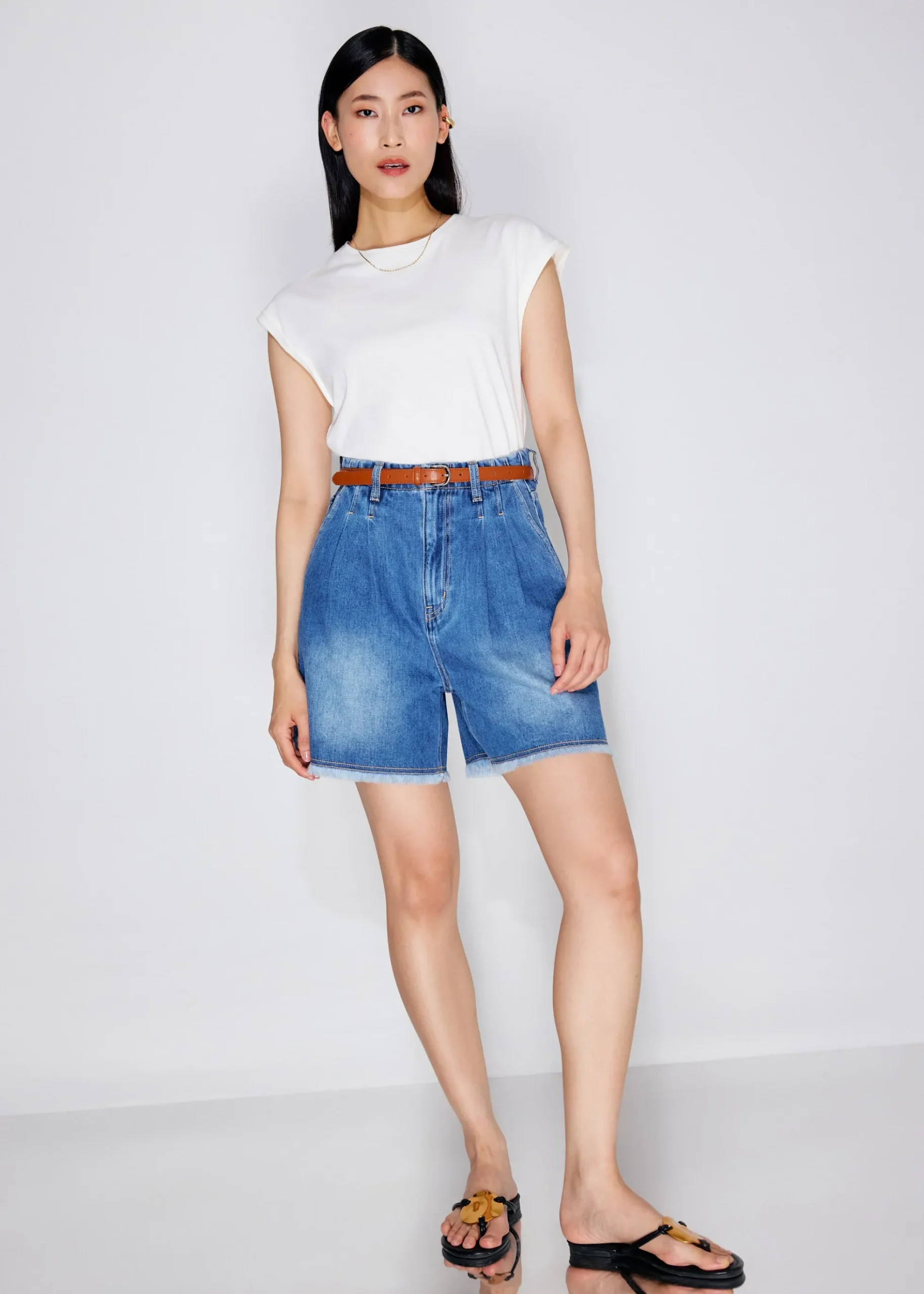 Denim Frayed Hem High Waist Bermuda Shorts