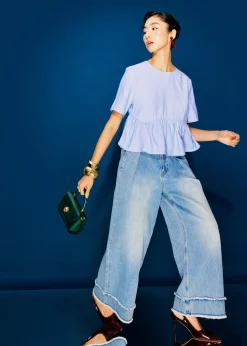 Denim Frayed Hem Mid Waist Wide Leg Jeans