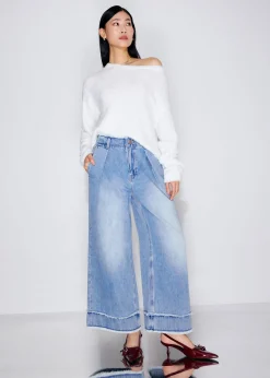Denim Frayed Hem Mid Waist Wide Leg Jeans