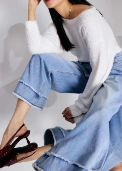 Denim Frayed Hem Mid Waist Wide Leg Jeans