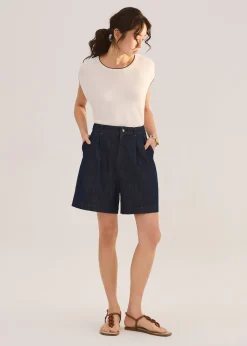 Denim Front Pleat A-Line Bermuda Shorts