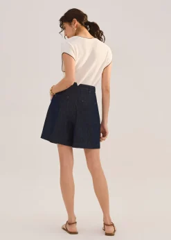 Denim Front Pleat A-Line Bermuda Shorts