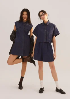 Denim Front Pleat A-Line Bermuda Shorts