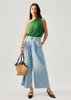 Denim Front Pleat Mid Waist Wide Leg Jeans