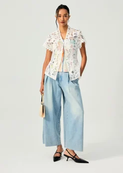 Denim Front Pleat Mid Waist Wide Leg Jeans