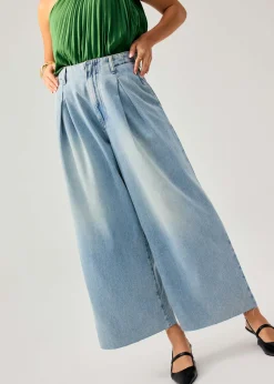 Denim Front Pleat Mid Waist Wide Leg Jeans