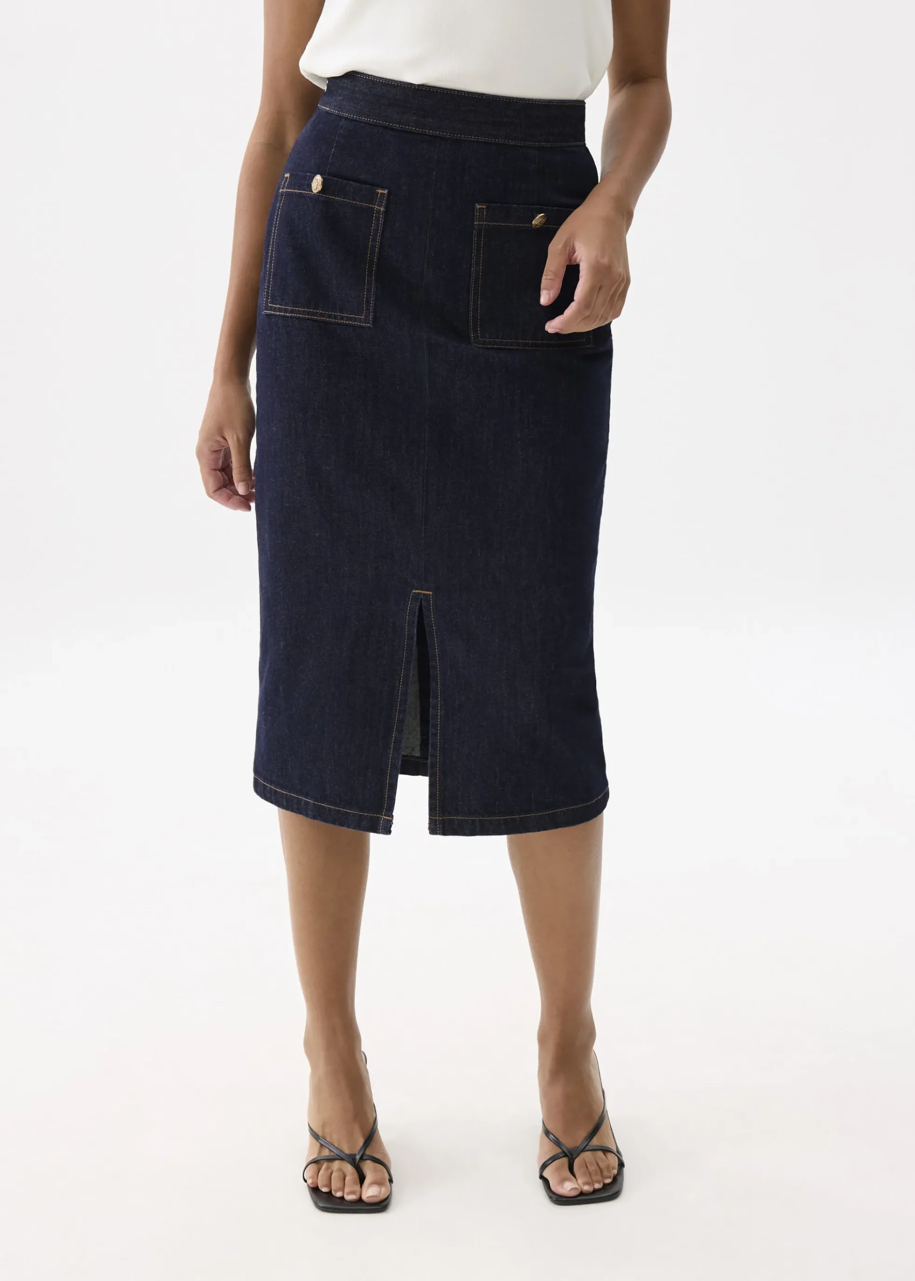 Denim High Waist Column Midi Skirt