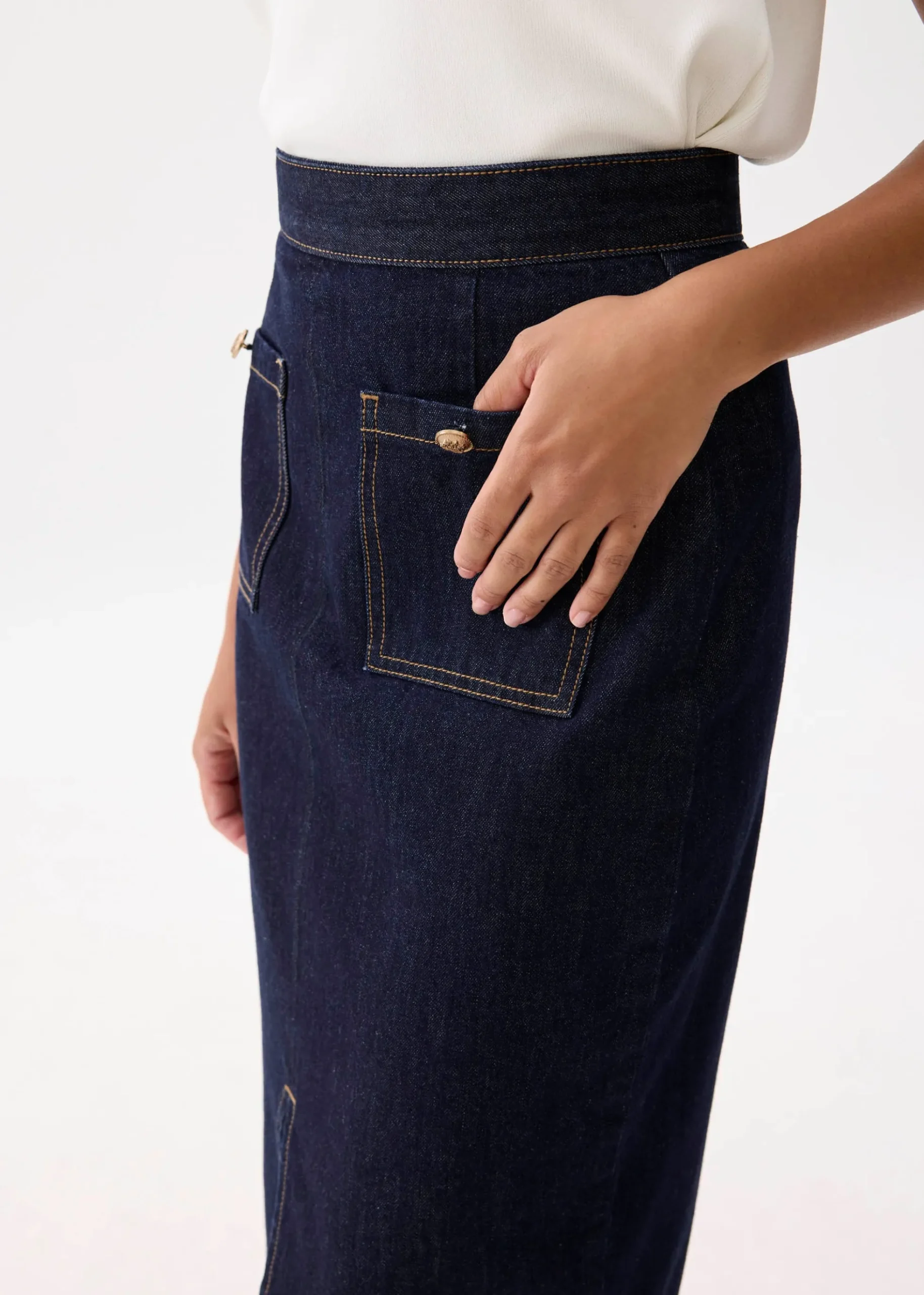 Denim High Waist Column Midi Skirt