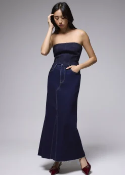 Denim Mid Waist A-line Maxi Skirt