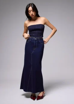 Denim Mid Waist A-line Maxi Skirt