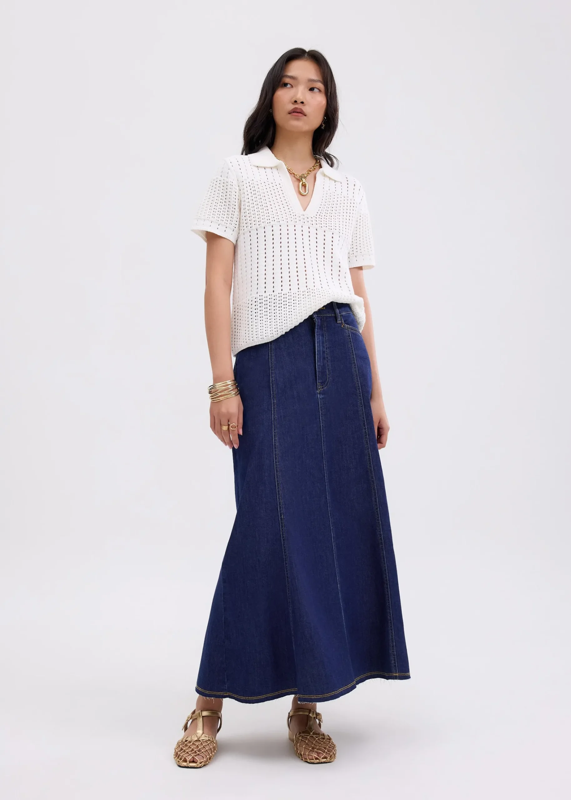 Denim Panelled A-line Skirt