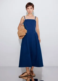 Denim Panelled Straight Neck Fit & Flare Midaxi Dress