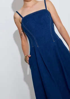 Denim Panelled Straight Neck Fit & Flare Midaxi Dress