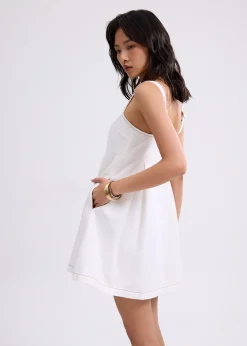 Denim Straight Neck Babydoll Mini Dress