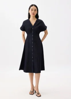 Denim V-neck Fit & Flare Midi Dress