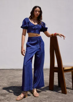 Detachable Sash Chambray Straight Leg Ankle Length Pants