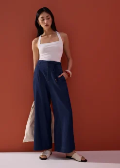 Detachable Sash Chambray Straight Leg Ankle Length Pants