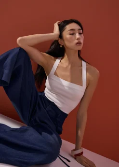 Detachable Sash Chambray Straight Leg Ankle Length Pants