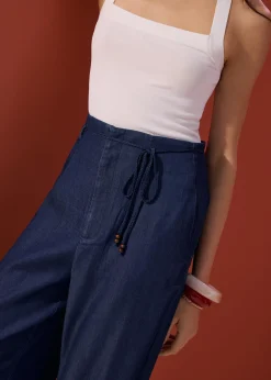 Detachable Sash Chambray Straight Leg Ankle Length Pants