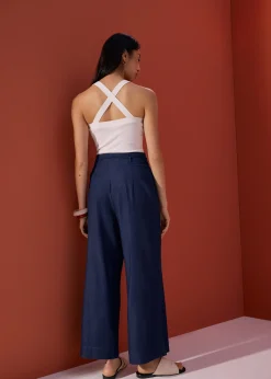 Detachable Sash Chambray Straight Leg Ankle Length Pants