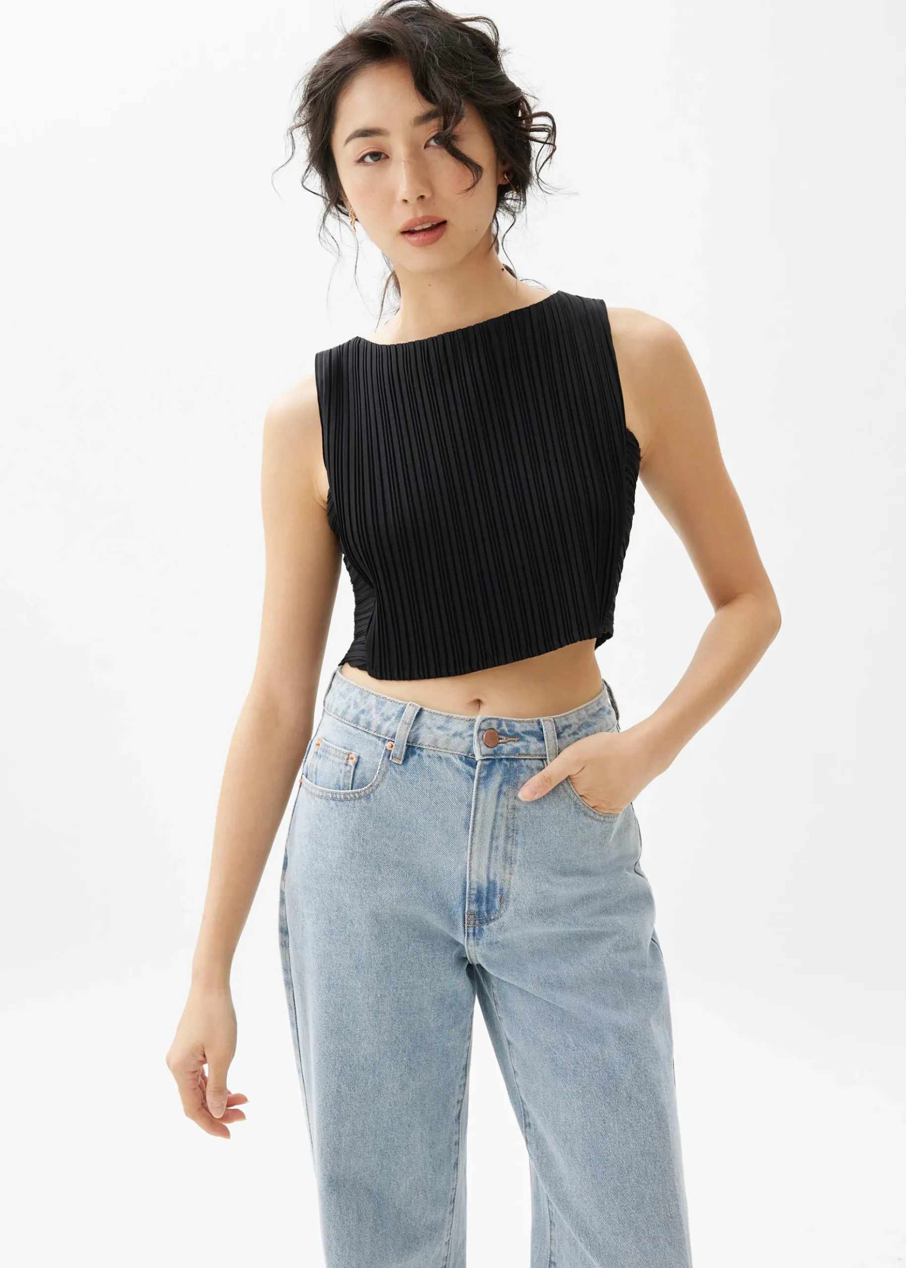 Dez Pleated Boat Neck Crop Top