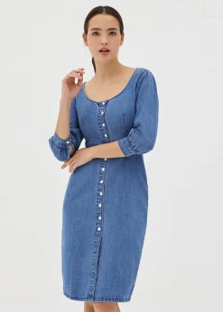 Donna Denim Puff Sleeve Button Dress
