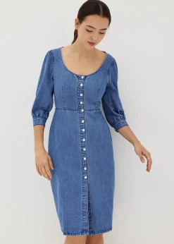 Donna Denim Puff Sleeve Button Dress