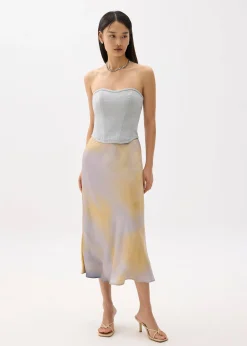 Elastic Abstract Satin Bias Cut Midaxi Skirt