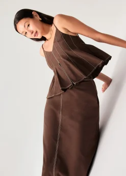 Elastic Contrast Stitch High Waist A-line Maxi Skirt