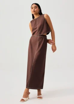 Elastic Contrast Stitch High Waist A-line Maxi Skirt
