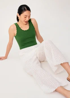 Elastic Cotton Broderie Mid Waist Straight Leg Pants