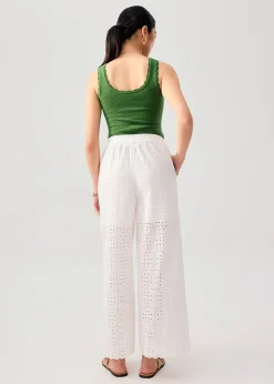 Elastic Cotton Broderie Mid Waist Straight Leg Pants