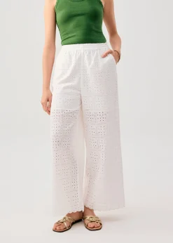 Elastic Cotton Broderie Mid Waist Straight Leg Pants