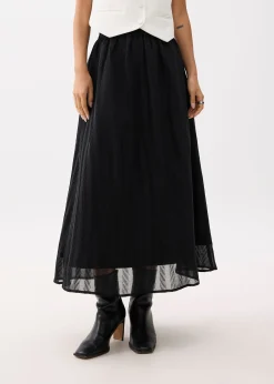 Elastic High Waist Crinkled Flare Maxi Skirt