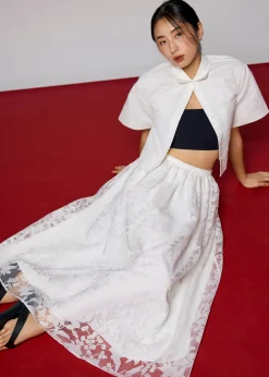 Elastic Jacquard High Waist Flare Maxi Skirt
