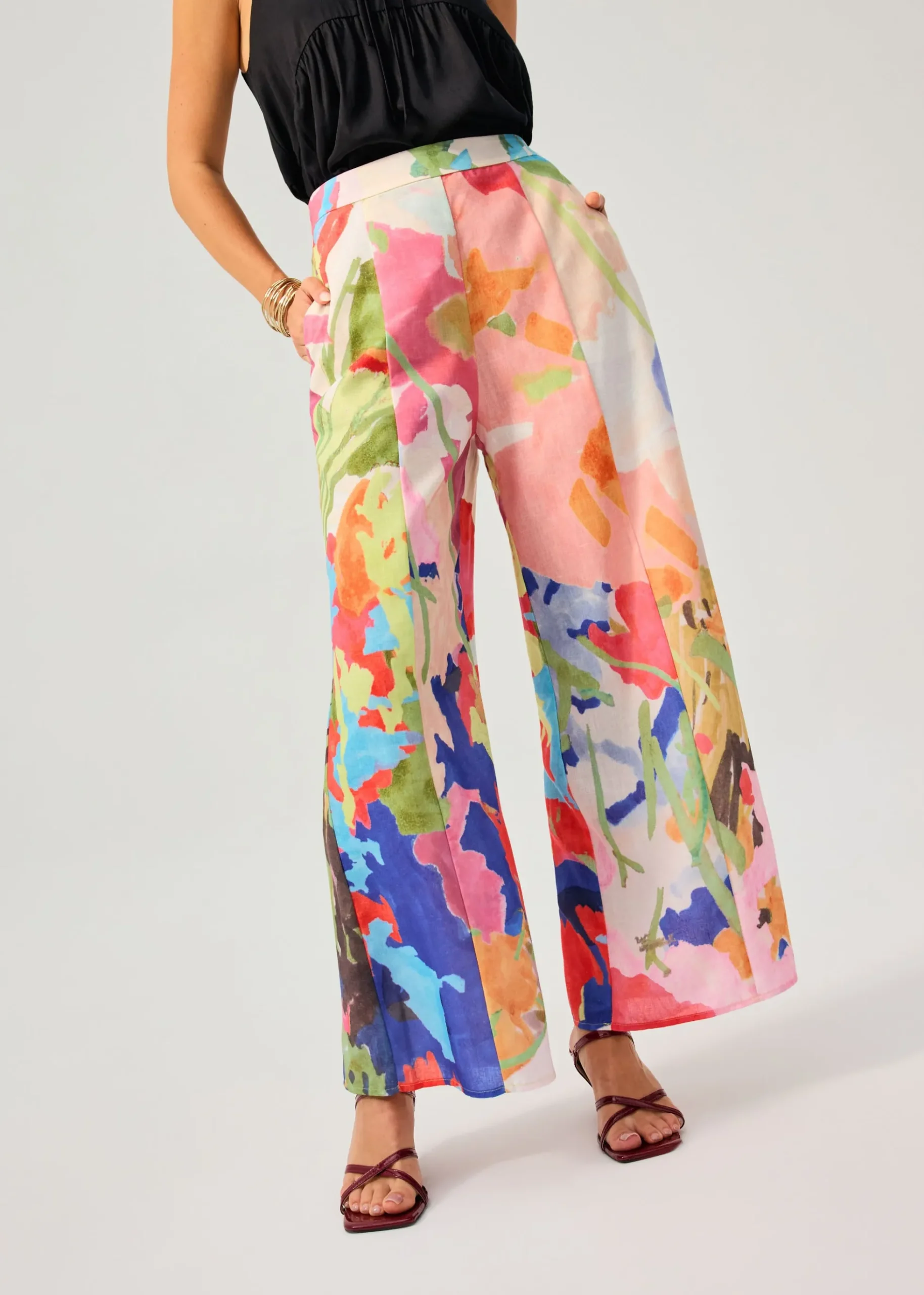 Elastic Panelled Mid Waist Wide Leg Pants in Vivid Blooms
