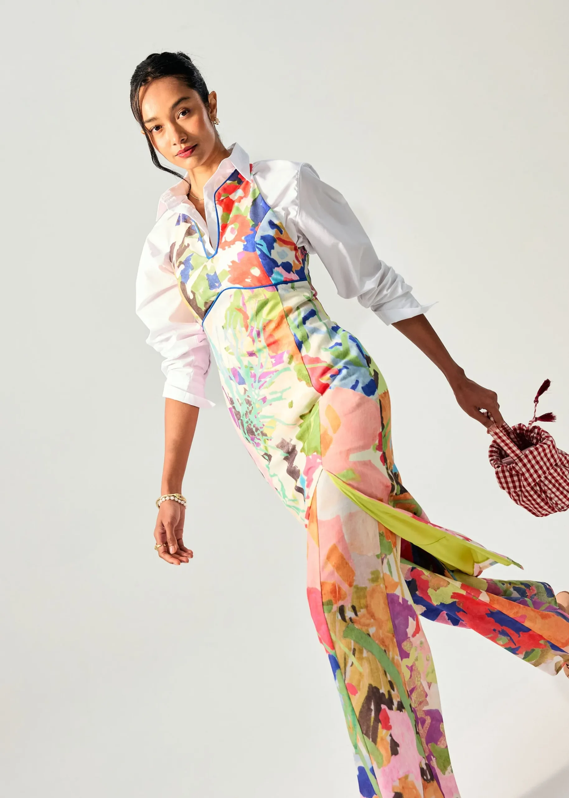 Elastic Panelled Mid Waist Wide Leg Pants in Vivid Blooms