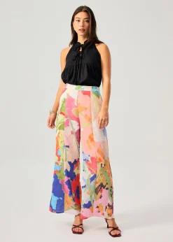 Elastic Panelled Mid Waist Wide Leg Pants in Vivid Blooms