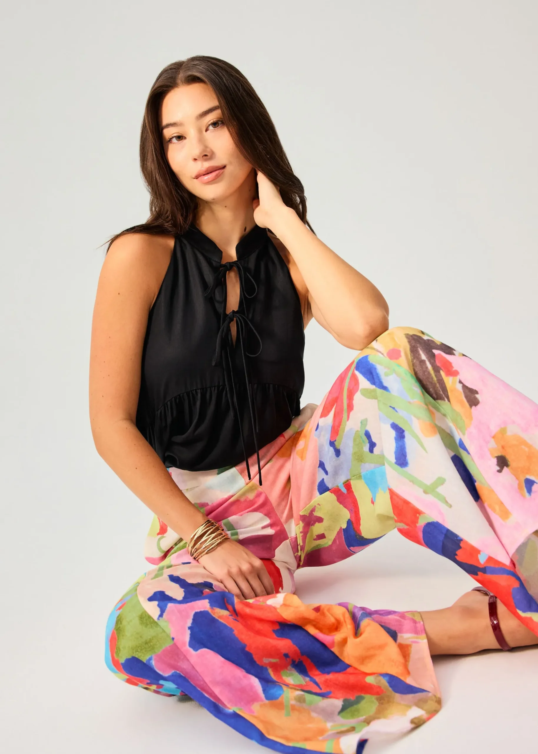 Elastic Panelled Mid Waist Wide Leg Pants in Vivid Blooms