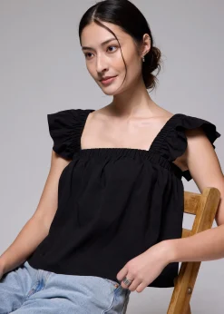 Elastic Straight Neck Ruffle Sleeve Top