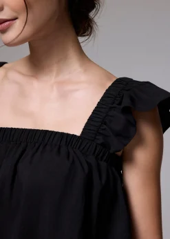 Elastic Straight Neck Ruffle Sleeve Top