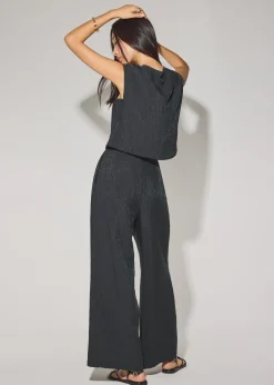 Elastic Textured Lyocell Mid Waist Straight Leg Pants