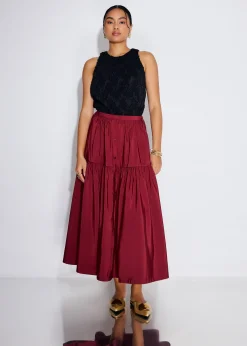 Elastic Tiered High Waist Flare Midaxi Skirt