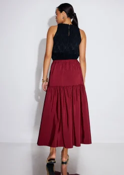 Elastic Tiered High Waist Flare Midaxi Skirt