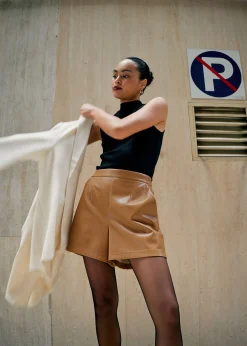 Elastic Vegan Leather High Waist A-line Shorts